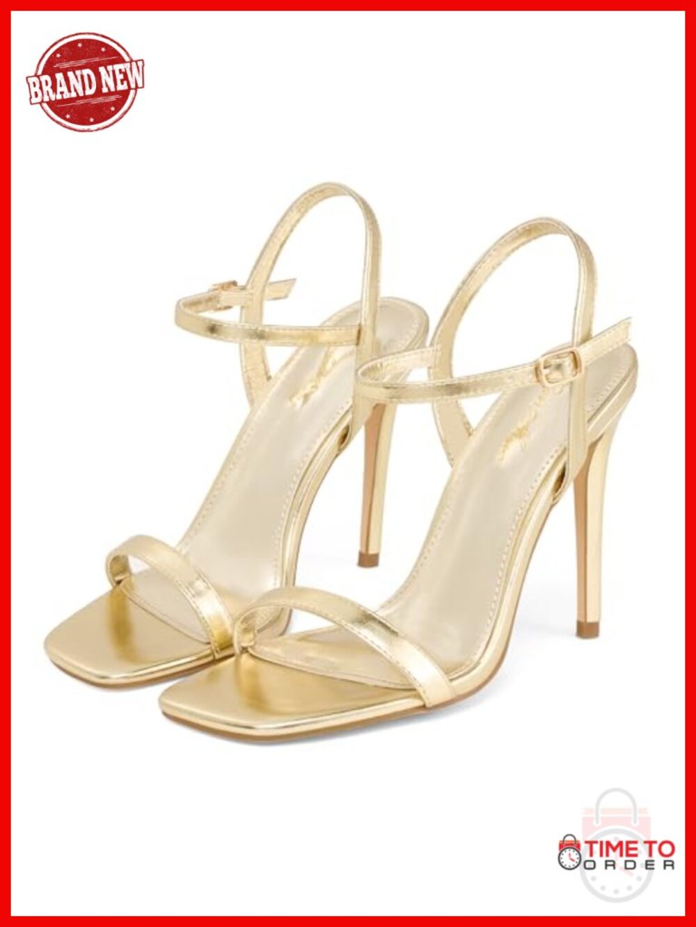 Women's 4 Inch Strappy Slingback Stiletto Heeled Sandals Square Toe Ankle Strap